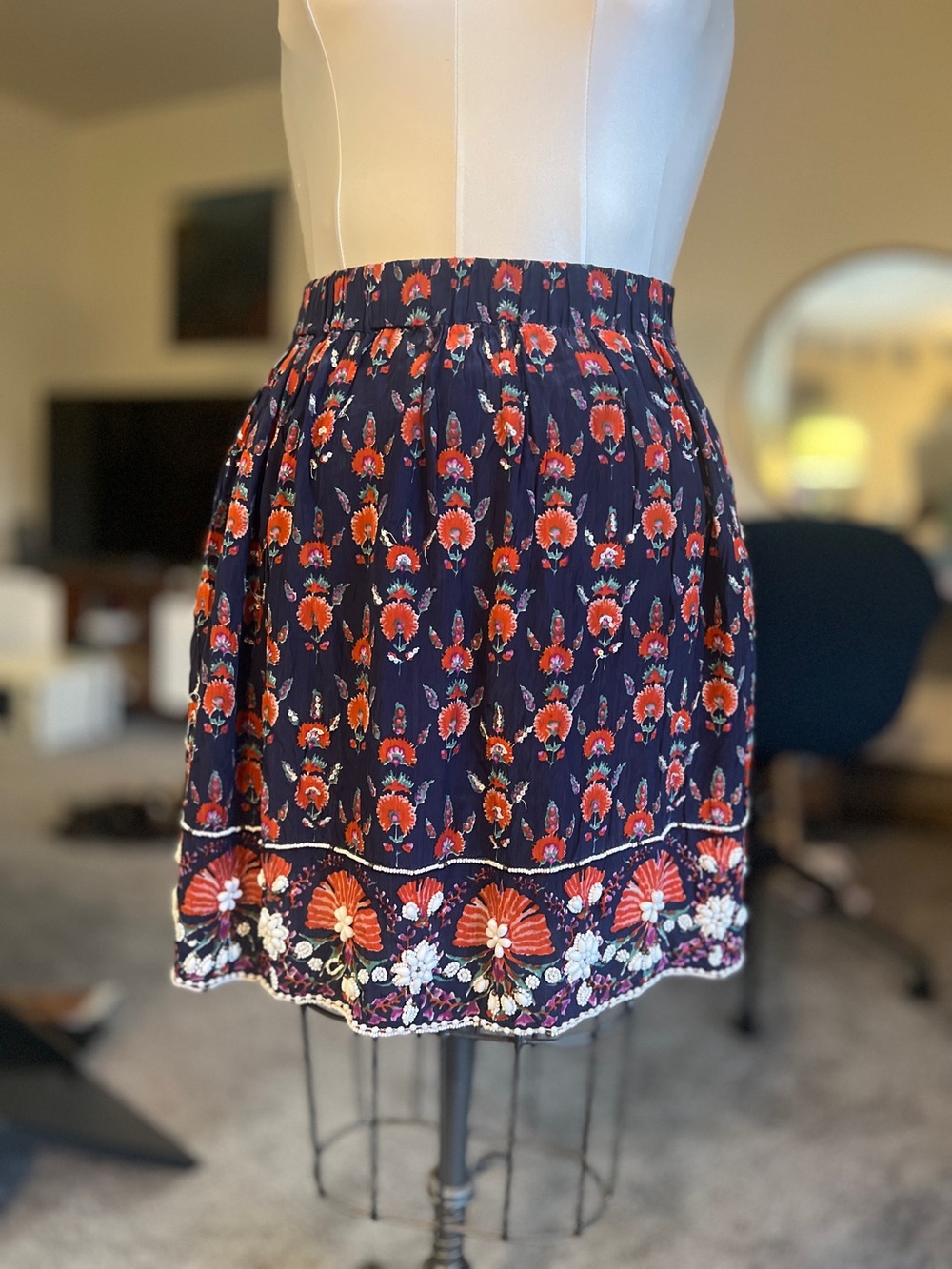 Maeve Navy Floral Beaded Elastic Waist Skirt